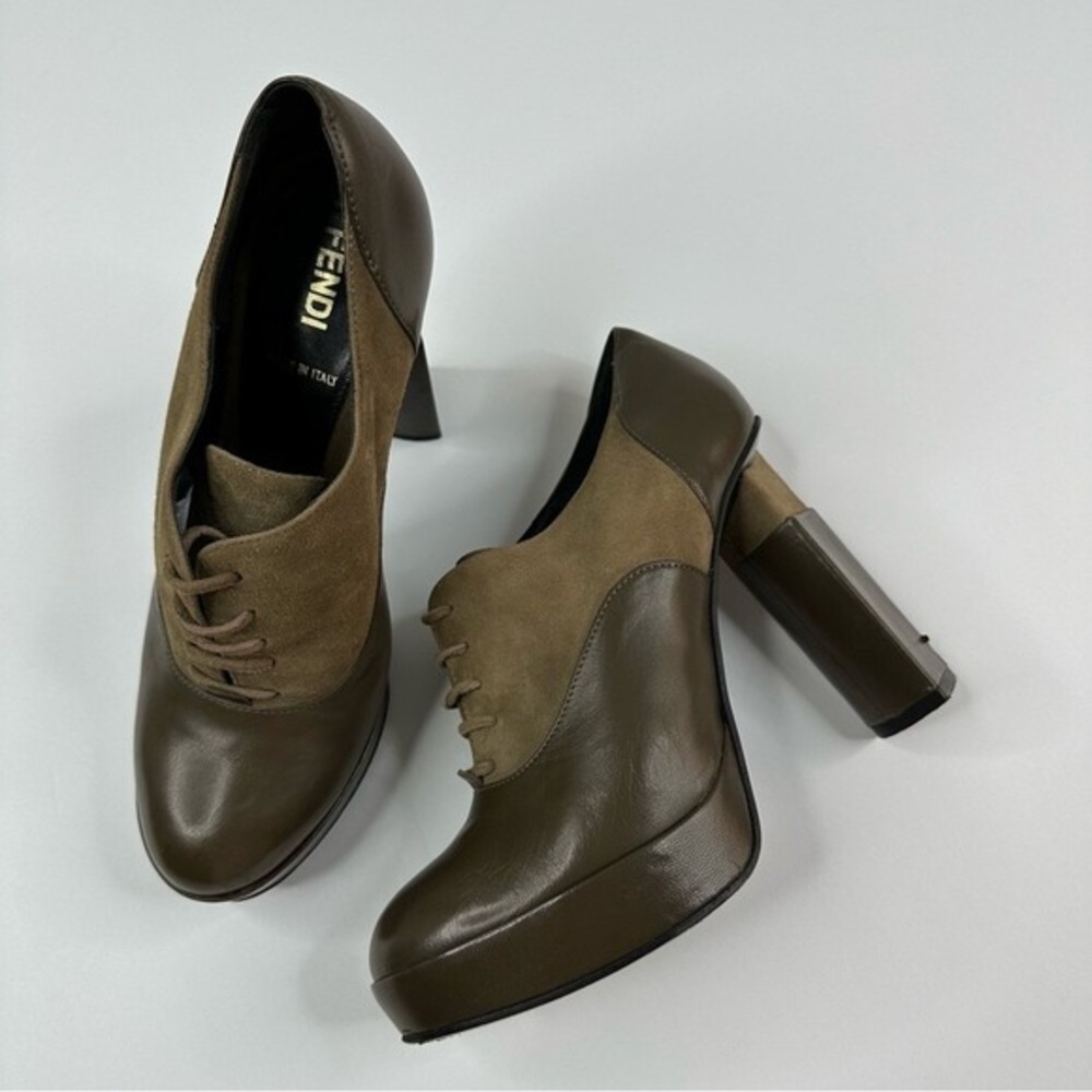 Fendi‎ Brown Leather Suede Platform Oxford Heels Lace Up Block Heel Italy 37.5